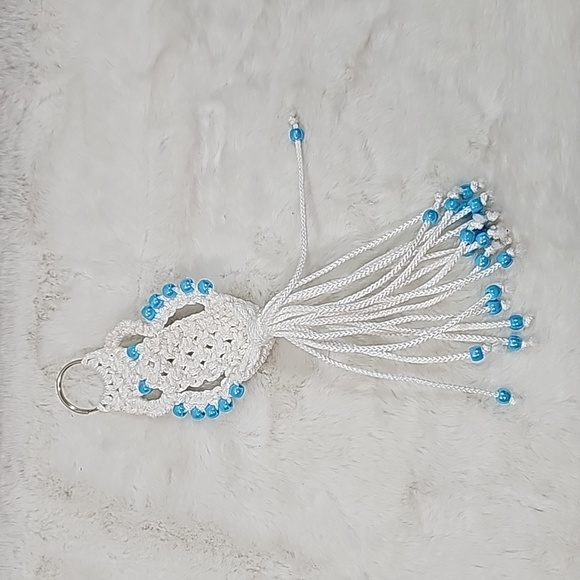 Macrame Owl KeyChain Blue  13" Long x 3½" Wide - Picture 4 of 4